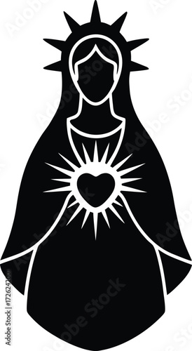 virgin mary with sacred heart black silhouette vec.eps