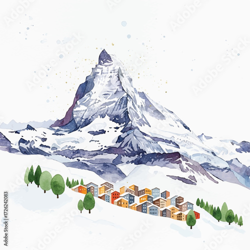 Watercolor illustration of the Matterhorn mountain with a colorful village nestled in the snow-covered valley.
