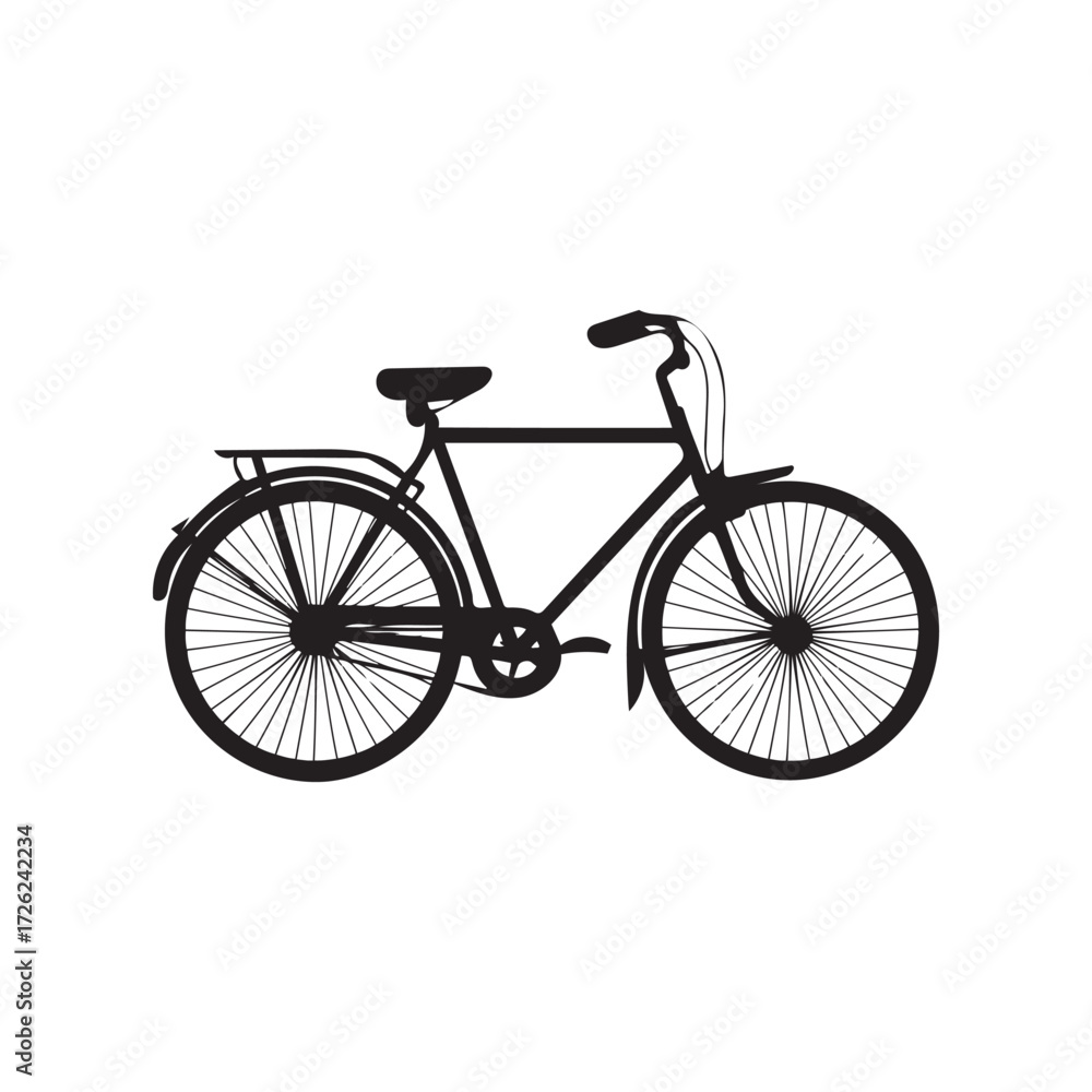 Fototapeta premium Black Silhouette of Classic Bicycle with Fenders and Rear Rack on White Background