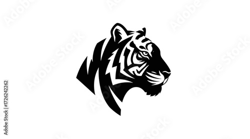 Black and white tiger head profile looking right on white background flat illustration