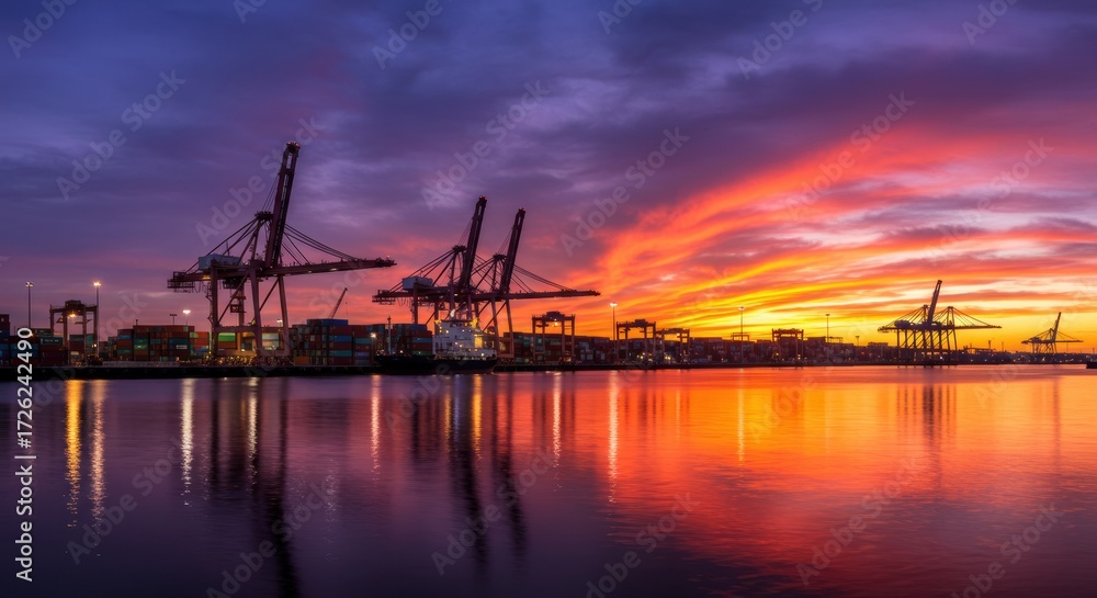 Fototapeta premium Stunning sunset over port cranes harbor landscape reflective water aesthetic industrial beauty