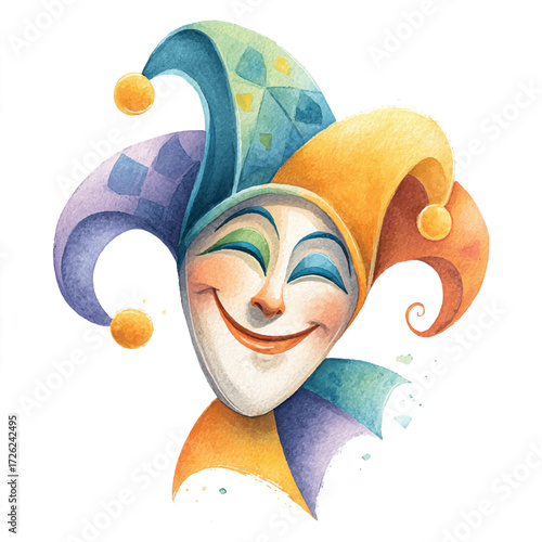 Joyful jester face with colorful hat and smiling expression, watercolor style.