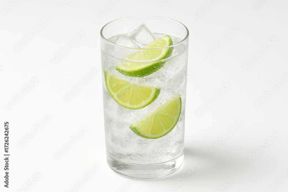 Fototapeta premium Refreshing gin and tonic with ice and lime wedges in clear glass isolated on white