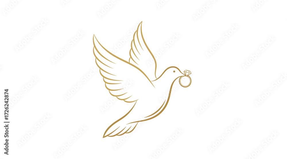 Obraz premium Golden outline dove flying with a wedding ring in its beak flat illustration