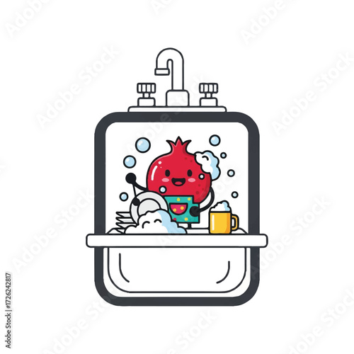 A cheerful cartoon pomegranate character washing dishes and enjoying the bubbly suds in a sink.