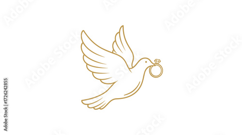 Golden dove flying with a diamond ring in its beak flat illustration