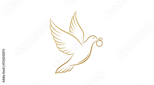 Golden outline dove flying with a wedding ring in its beak flat illustration