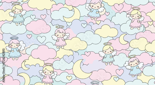 Whimsical illustration of angelic figures amidst pastel clouds, hearts, and moons.