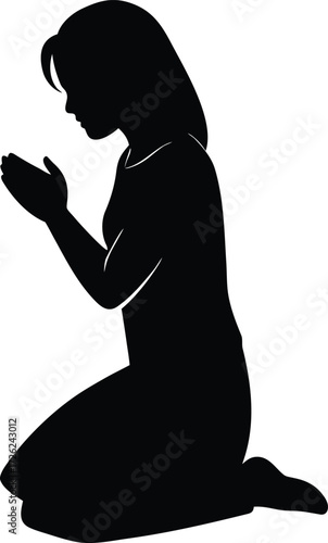 young girl kneeling in prayer black silhouette vec.eps
