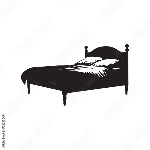 Elegant Black Bed Silhouette with Pillows and Quilt on White