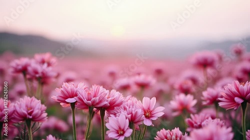 field of pink flowers, vibrant flower fields, pink blossoms in wind, serene nature landscapes, picturesque floral scenes, charming outdoor vistas, beautiful spring flowers, nature’s colorful palette, 