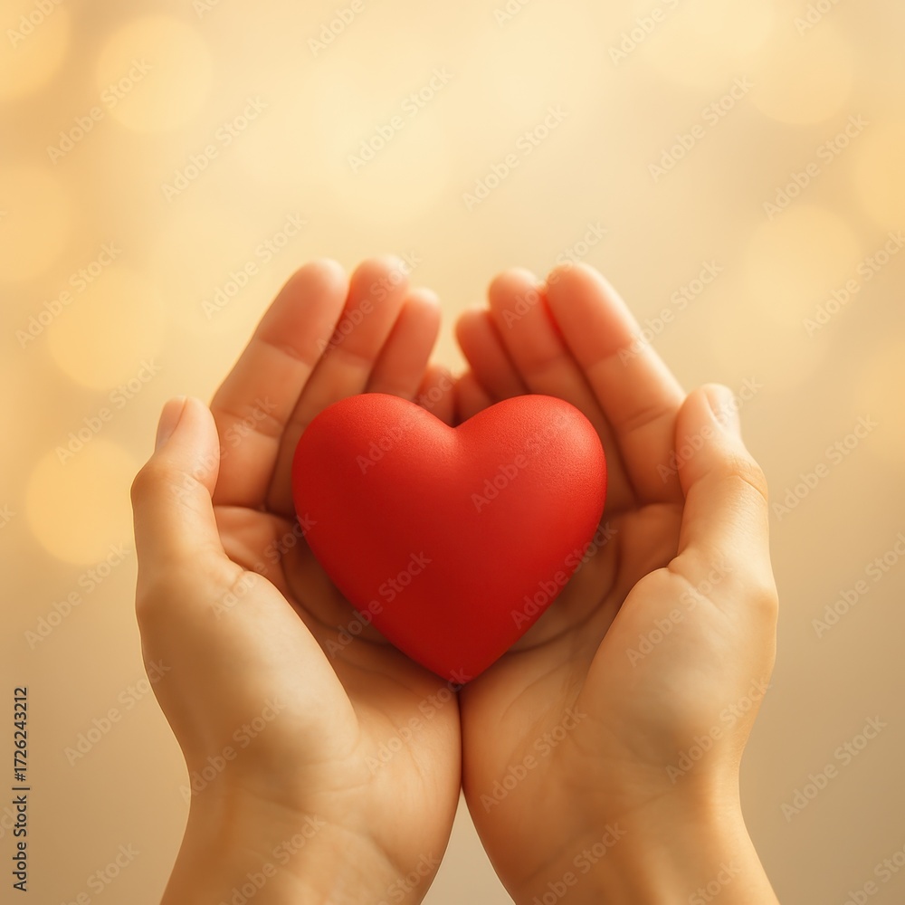 Fototapeta premium Compassionate hands offering a red heart symbolizing love donation healthcare insurance support and gratitude on warm golden bokeh background for awareness campaigns