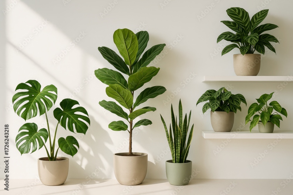 Obraz premium Modern indoor jungle of tropical houseplants in matte ceramic planters styled on white shelving against bright wall airy home gardening banner composition