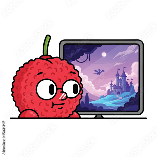 Cartoon lychee character with glasses watches a fantasy landscape with a castle and dragon on a computer screen.