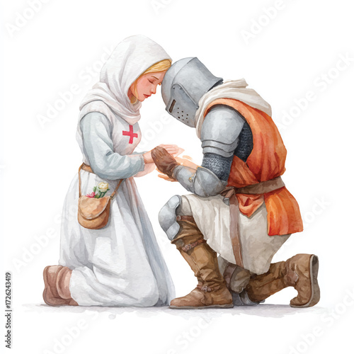 Knight and Nun Praying Together in Medieval Scene.