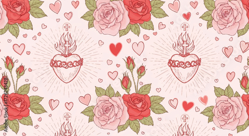 Seamless pattern featuring sacred hearts with flames, surrounded by red and pink roses, rosebuds, leaves, and scattered hearts on a light pink background.