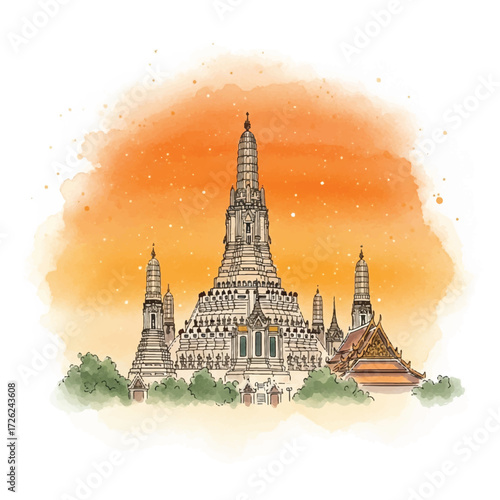 Watercolor illustration of Wat Arun, the Temple of Dawn, a landmark Buddhist temple in Bangkok, Thailand, against an orange sky.