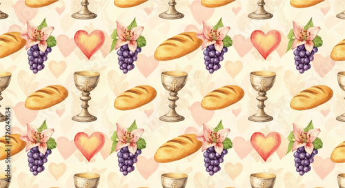 Seamless pattern featuring bread, grapes, chalices, hearts, and lilies on a textured, light beige background.