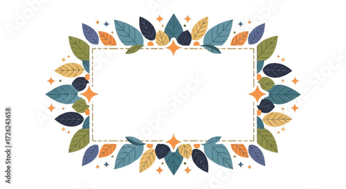 Rectangular frame decorated with colorful leaves and star shapes, creating a decorative border with a white empty space in the center.