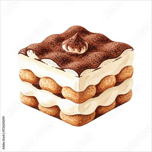 Delicious Tiramisu Dessert with Cream and Cocoa Powder on White Background – Traditional Italian Sweet Cake Illustration
