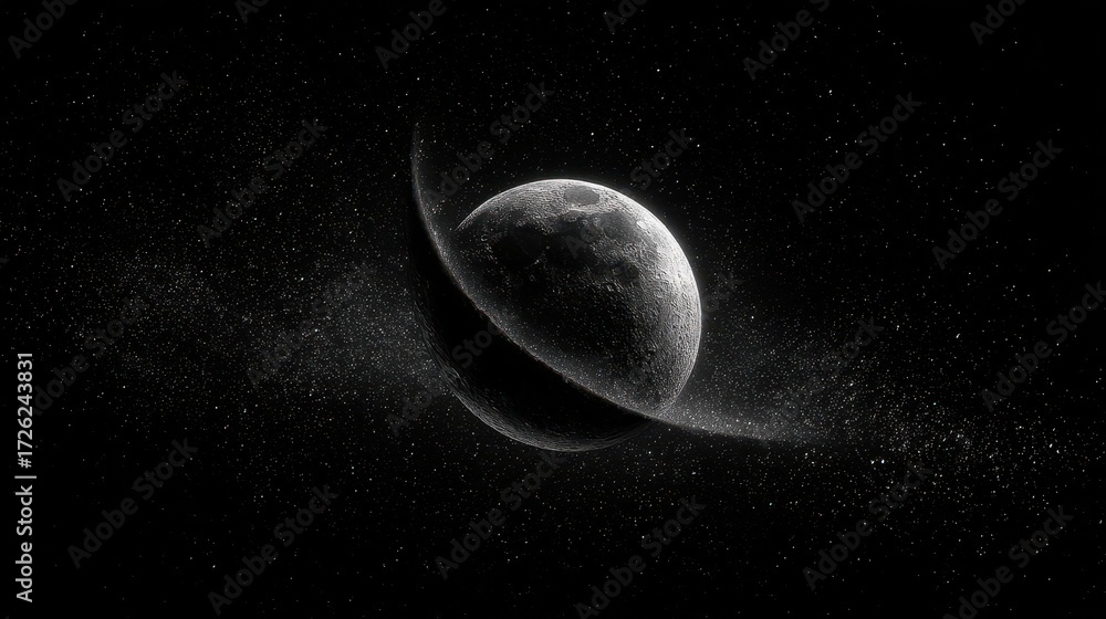 Obraz premium Dramatic Black and White Rendering of a Ringed Planet in Deep Space.