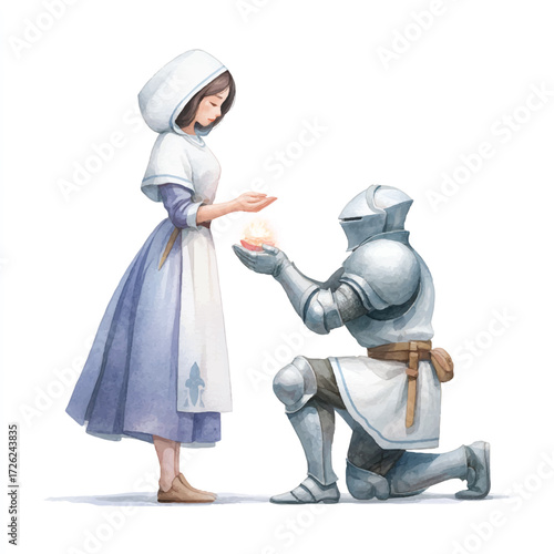 Knight in shining armor proposes to a maiden with a ring.