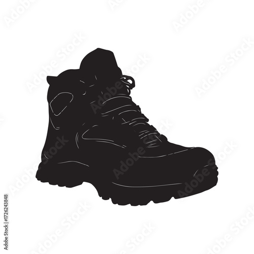 Silhouette of a Hiking Boot, Isolated on White Background, Showing Laces and Tread