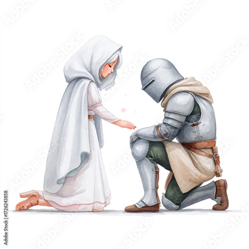 Knight kneeling before woman in white dress.