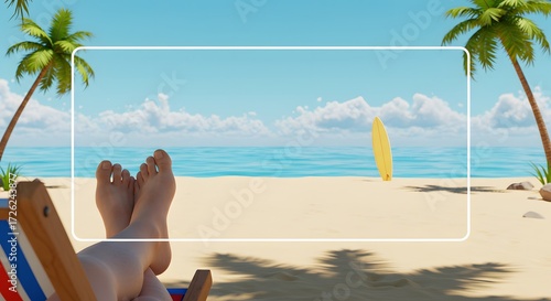 Relaxed Feet Up on Beach Chair Overlooking Ocean View with Copy Space Frame for Summer Travel Vacation.