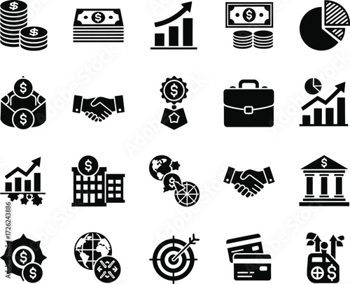 Collection of financial and business icons in black and white