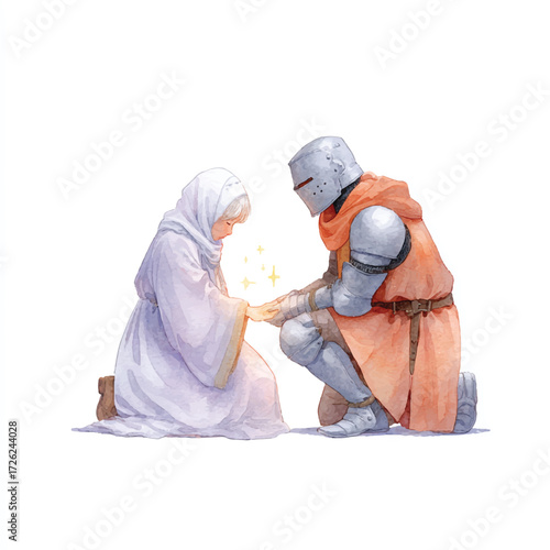 Knight kneels before a woman in a moment of reverence and respect.