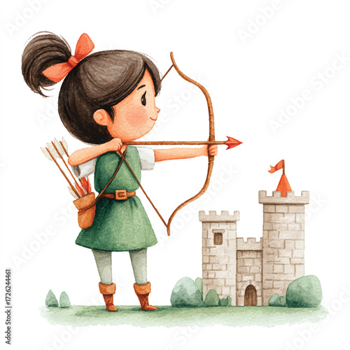 Little girl archer aiming with bow and arrow at a small castle.