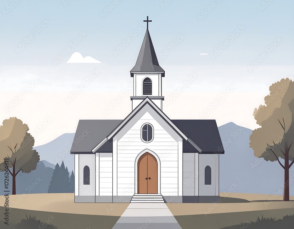 Naklejka premium Simple, white church nestled in a serene mountain valley landscape