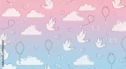 Delicate illustration featuring white doves, fluffy clouds, hearts, and rosaries against a soft gradient background.