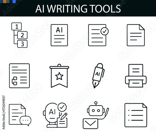 AI Writing Tools Icon Set – Vector Illustrations of Documents, Robots, Pens, and Productivity Symbols for Artificial Intelligence and Content Creation Projects