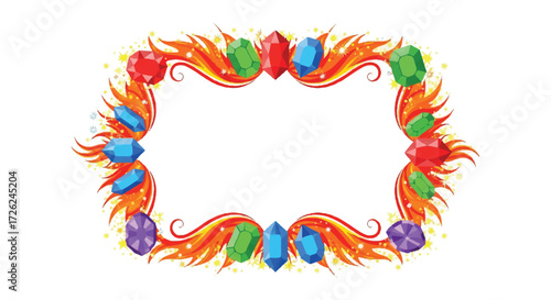 Colorful gem-encrusted, fiery frame with empty space inside.