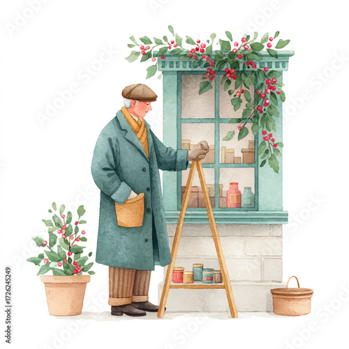 Man Arranging Items in a Decorated Window Display.