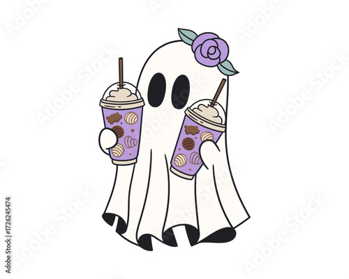 Adorable Halloween phantom illustration with a lavender rose holding two purple cookie frappes. A cute spooky season character design