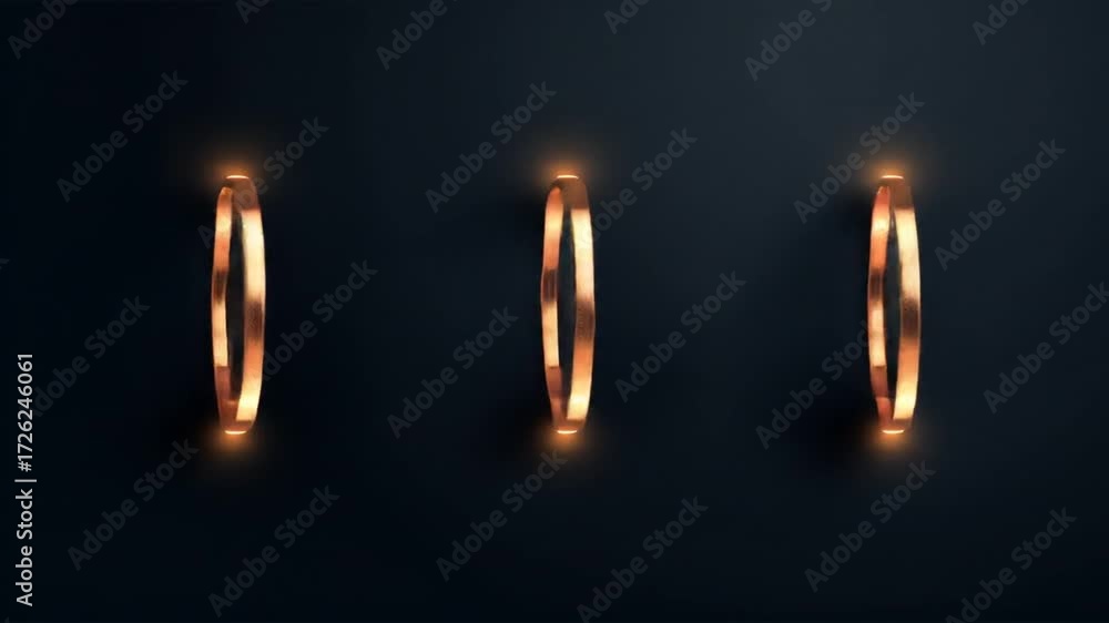 Three metallic hoops with soft glow on a dark, textured background, evenly spaced