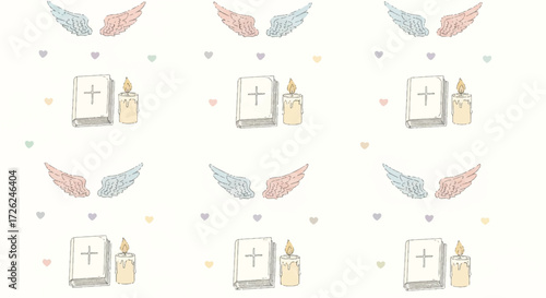 Repeating pattern of Bibles, candles, angel wings, and small hearts on a white background.