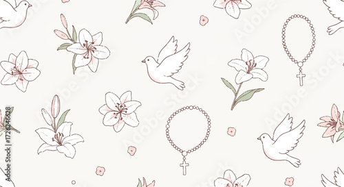 Repeating pattern of white lilies, doves in flight, and rosary beads with crosses on a light beige background.