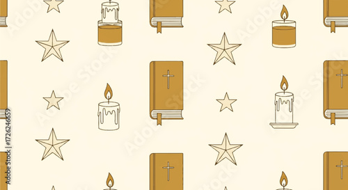 Seamless pattern featuring stylized illustrations of bibles, candles, and stars on a light background.