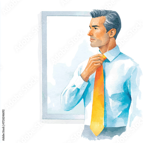 Man in a blue shirt and yellow tie adjusting his tie.