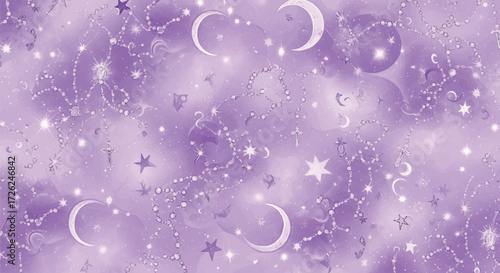 Lavender-toned celestial pattern with stars, moons, and constellations.