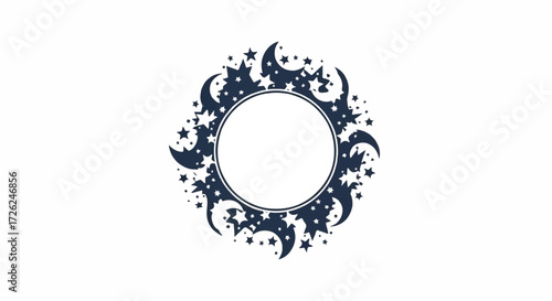 Circular celestial frame design with moons, stars, and sun.