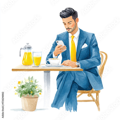 Man in blue suit enjoying breakfast at an outdoor cafe.