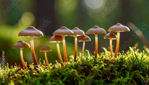 Tiny mushrooms on moss, bathed in sunlight