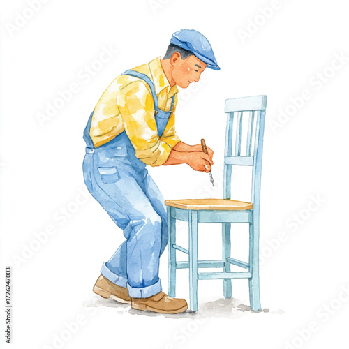 Man in overalls painting a wooden chair with a brush.