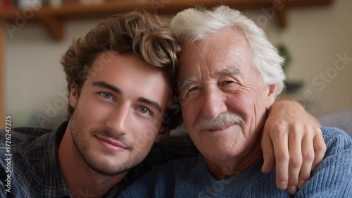 a handsome young man hugging his happy elderly father