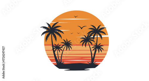 Tropical palm trees and birds against a gorgeous sunset a striking silhouette